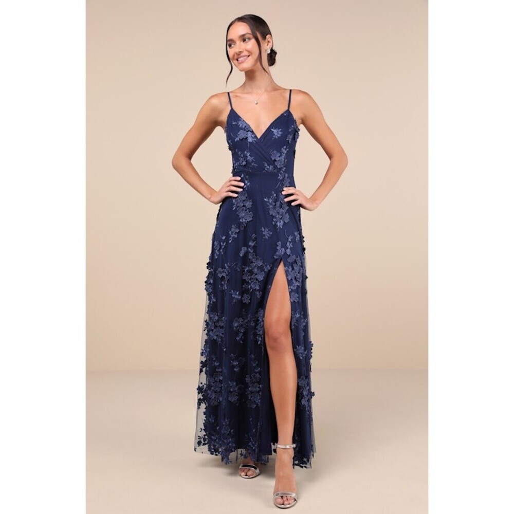 Lulus Rare Presence Navy Blue 3d Floral Surplice Maxi Dress - Size M